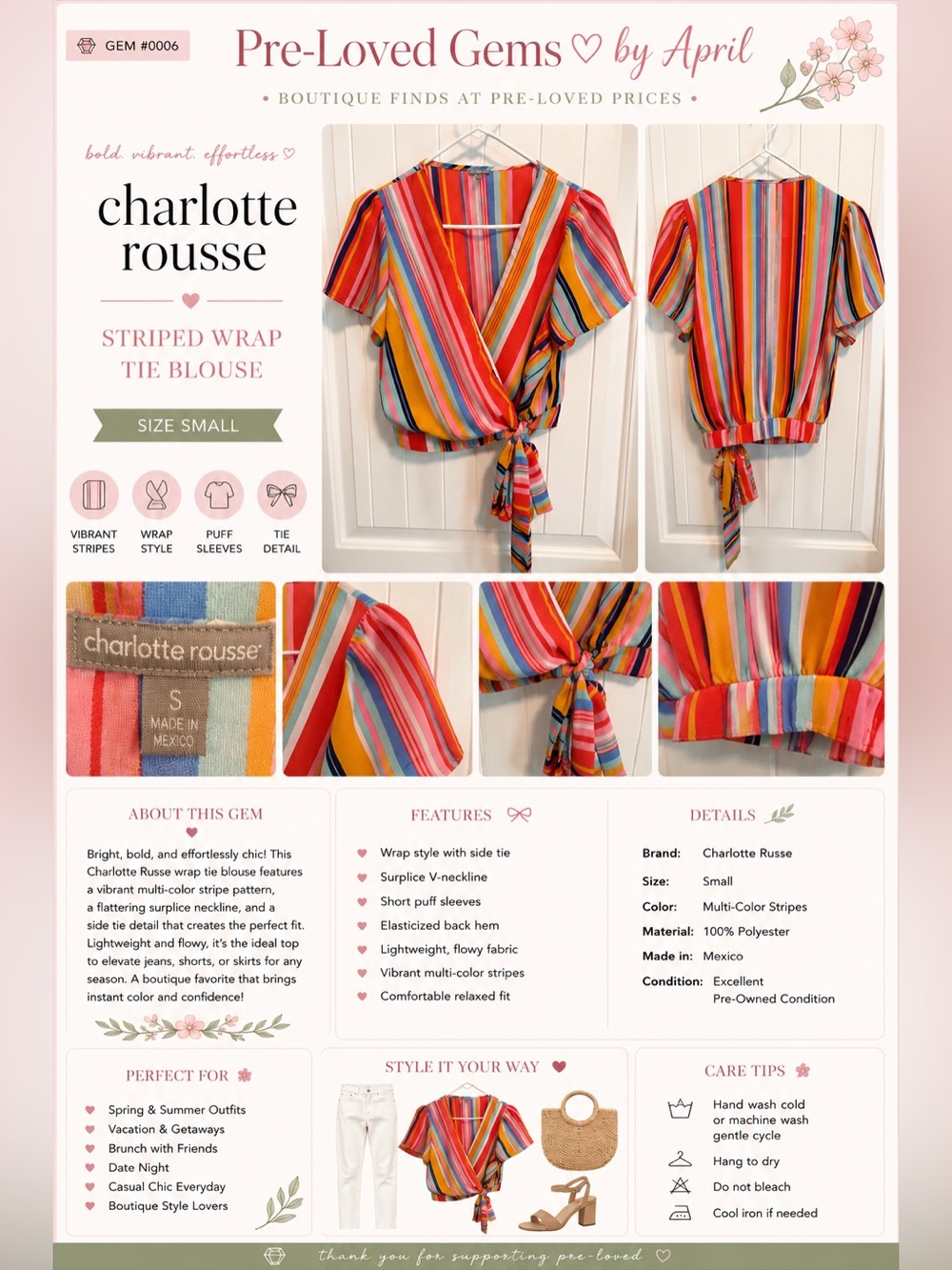 Charlotte Russe Multicolor Striped Blouse - Pink, Red & Blue